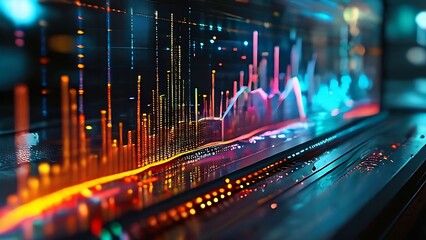 Fototapeta premium Abstract Cityscape with Neon Lights and Data Visualization