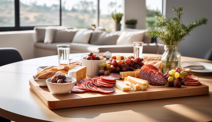 Fototapeta premium charcuterie board with deli, cold cuts, cheese, grapes and red wine