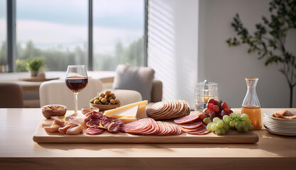 charcuterie board with deli, cold cuts, cheese, grapes and red wine