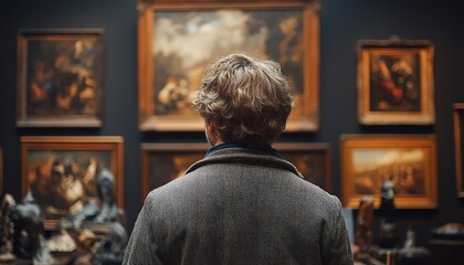 Obraz premium Back of an adult individual contemplating Renaissance artworks in an antique museum gallery, emphasizing the connection to historical art