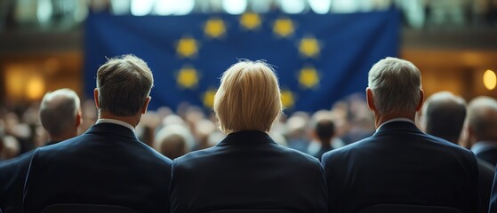 Obraz premium Back view of formal, unrecognizable politicians at the EU Parliament in front of the European Union flag, illustrating the concept of European Union politics