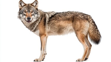 Fototapeta premium grey wolf stands poised and alert, its ears perked up, revealing the intricate details of its striking fur. This solitary creature captures the essence of wild elegance.