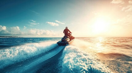 A Person Rides A Jet Ski In The Ocean At Sunset