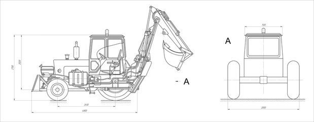 Earthmoving machine.  Technical drawing of tractor.
Engineering mechanical design of excavator
with dimension lines. Industrial 
cad scheme on white paper sheet. 
Technology background.