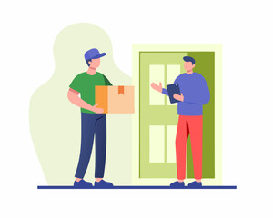 A flat illustration depicting a person receiving a parcel from a courier