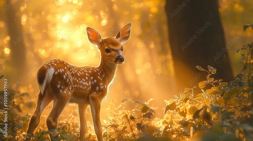 Wall mural   A deer standing amidst a forest, bathed in sunlight filtering through the canopy, with leaves strewn about