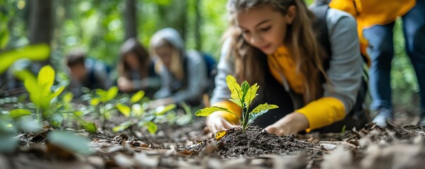 Naklejka premium Outdoor learning experience with students in a forest, engaged in handson environmental science experiments, emphasizing the benefits of experiential learning