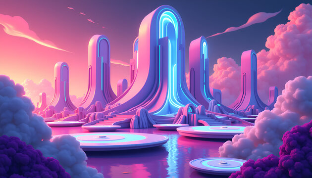 Abstract futuristic landscape with glowing structures and reflections, vibrant digital art demonstrating imaginative scenery