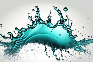 Teal liquid splash with droplets on a white background.