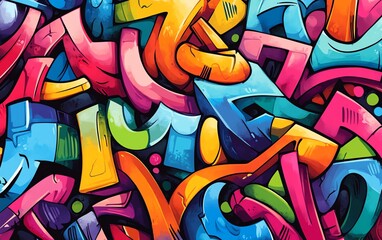 Vibrant seamless pattern of urban graffiti art, including colorful tags and dynamic street murals, highlighting the creativity of contemporary street culture