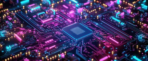 Fototapeta premium Close-up of a Circuit Board with Glowing Pink and Blue Lines
