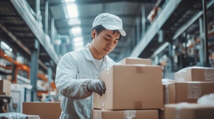 A factory worker in a white uniform meticulously packs products into cardboard boxes. The bright warehouse is filled with shelves of items, reflecting a busy, organized work atmosphere