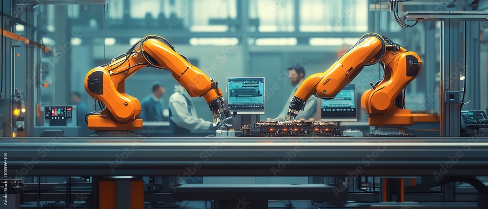 Aufkleber Hightech electronics factory with fully automated robotic arms assembling components