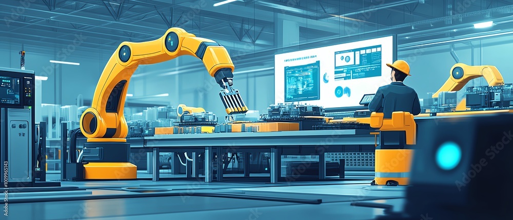 Poster Hightech electronics factory with fully automated robotic arms assembling components