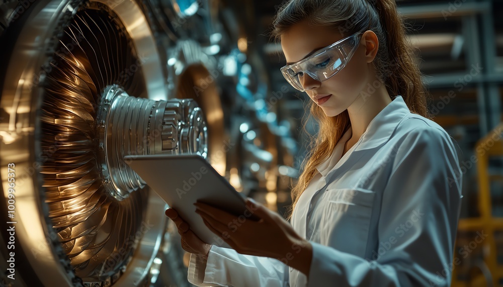 Poster Industrial engineer using a tablet computer while working on a futuristic jet engine in a stateoftheart technology lab, female scientist involved in electric motor development
