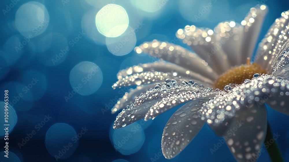 Wall mural   A macro image shows a pure white bloom with dewdrops on its petals, against a light blue hazy backdrop