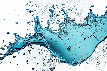 A close-up shot of a blue water splash with air bubbles on a white background.