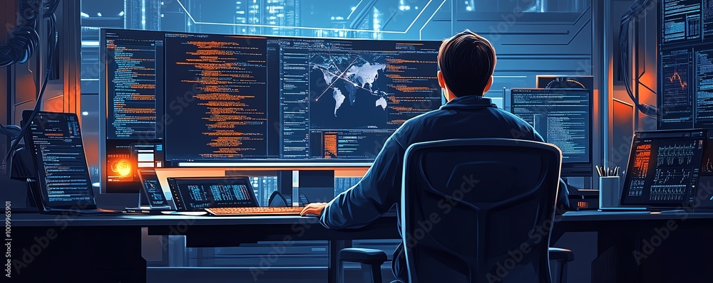 Poster Machine learning engineer and system administrator coding at a workstation, man planning and implementing network expansion in a hightech office environment