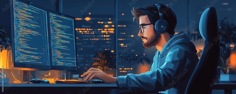 Poster Machine learning engineer and system administrator coding at a workstation, man planning and implementing network expansion in a hightech office environment