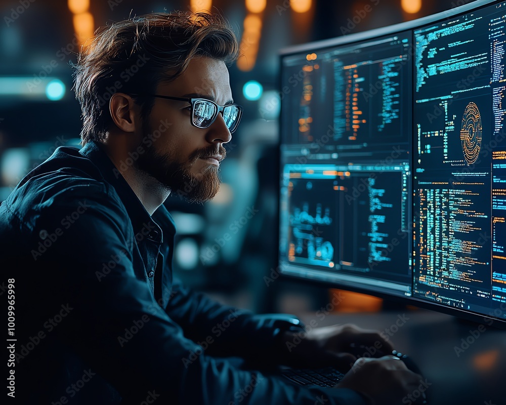 Poster Machine learning engineer and system admin programming at workstation, man planning and executing network expansion strategies in a sophisticated office environment
