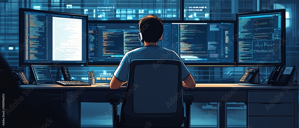 Aufkleber Man working as a system administrator and machine learning engineer at his desk, programming and expanding network infrastructure for the enterprise in a modern office