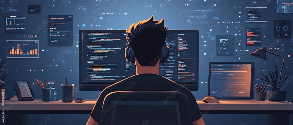 Poster Man working as a system administrator and machine learning engineer at his desk, programming and expanding network infrastructure for the enterprise in a modern office