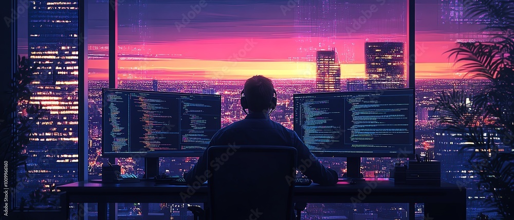 Aufkleber Man working as a system administrator and machine learning engineer at his desk, programming and expanding network infrastructure for the enterprise in a modern office