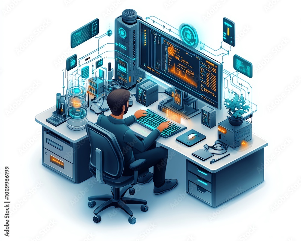 Aufkleber Office setting with system administration and machine learning engineer working at a computer, planning and executing network structure expansion for the enterprise