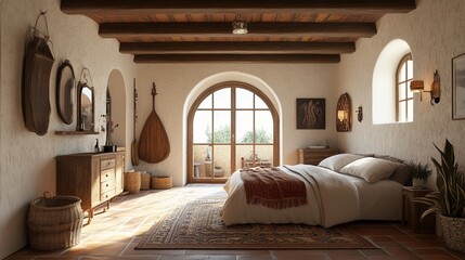 Mediterranean guest room, whitewashed walls, terracotta tiles, arched windows, wooden beams, rustic furniture, soft natural lighting