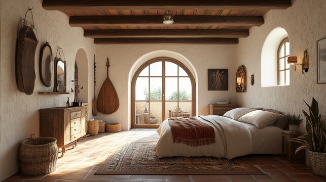 Mediterranean guest room, whitewashed walls, terracotta tiles, arched windows, wooden beams, rustic furniture, soft natural lighting