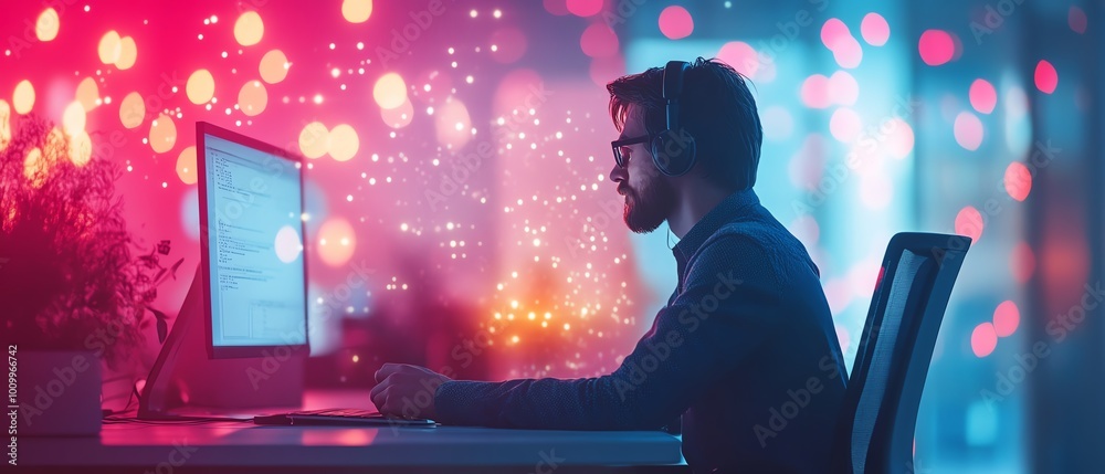 Poster System administration professional and machine learning engineer working at a workstation, designing and expanding enterprise network structure in a contemporary office