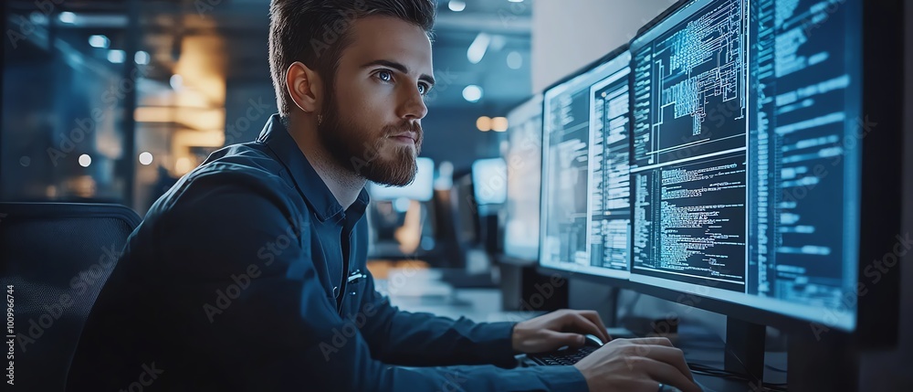 Poster System administration professional and machine learning engineer working at a workstation, designing and expanding enterprise network structure in a contemporary office
