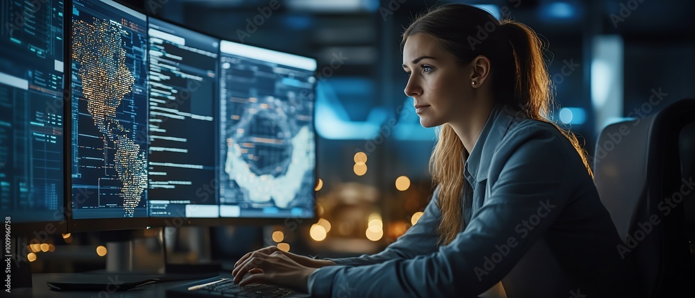 Aufkleber System administration professional and machine learning engineer working at a workstation, designing and expanding enterprise network structure in a contemporary office