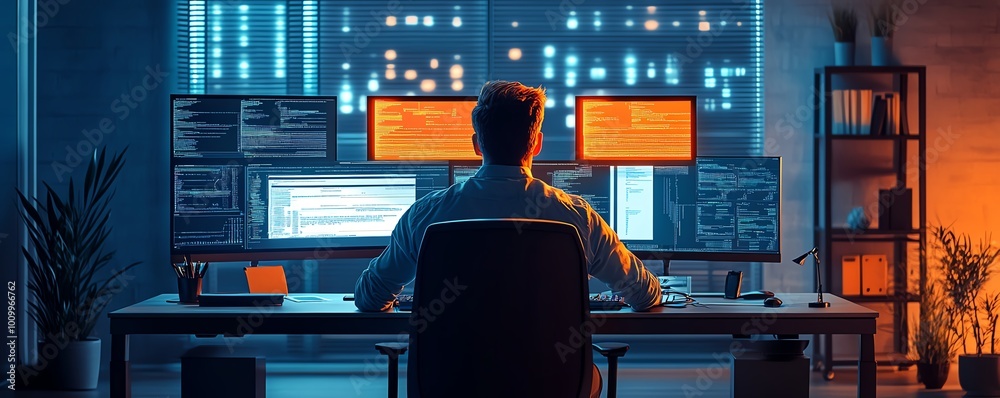 Aufkleber System administration and machine learning engineer programming at his workstation, planning and expanding network structure of the enterprise in a modern office setting