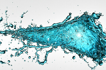 Splashing turquoise blue liquid with droplets on a white background.