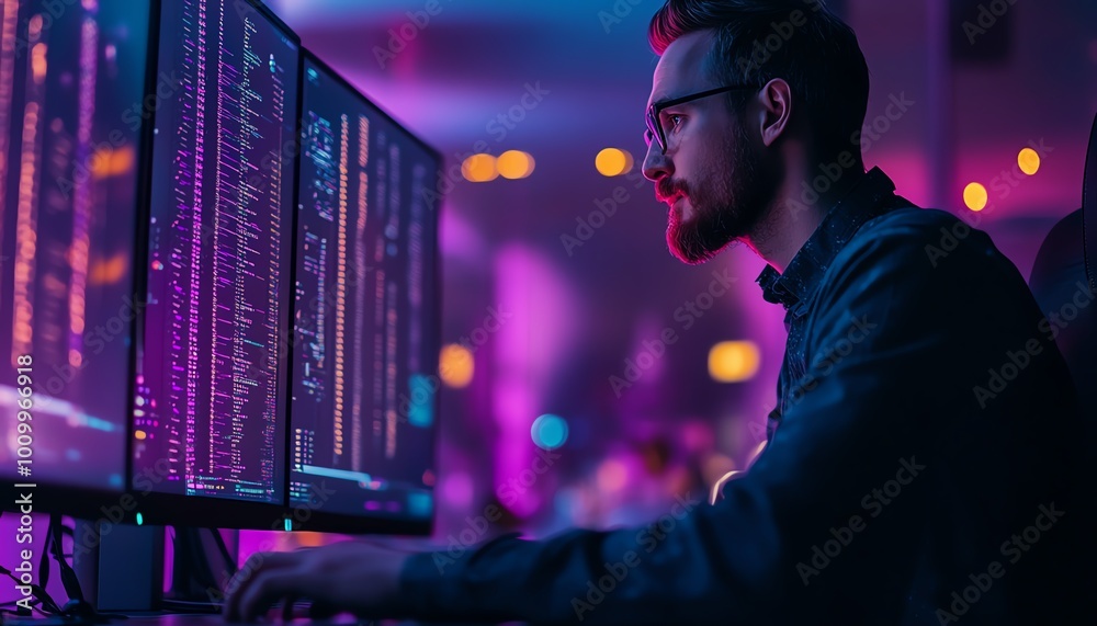 Poster System administrator and machine learning engineer programming, planning network expansion at his office workstation, enterprise network structure development