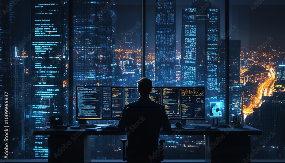 Aufkleber System administrator and machine learning engineer programming, planning network expansion at his office workstation, enterprise network structure development