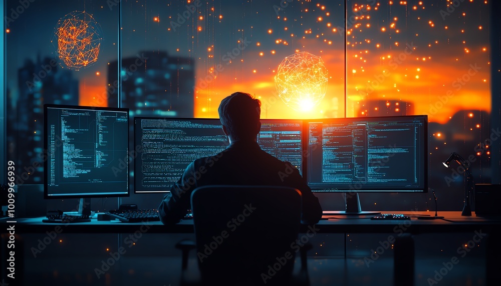 Aufkleber System administrator and machine learning engineer programming, planning network expansion at his office workstation, enterprise network structure development