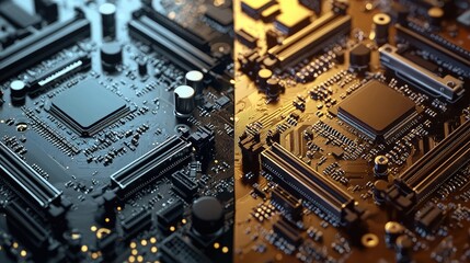 Fototapeta premium Close-up of a Motherboard with Black and Gold Circuits