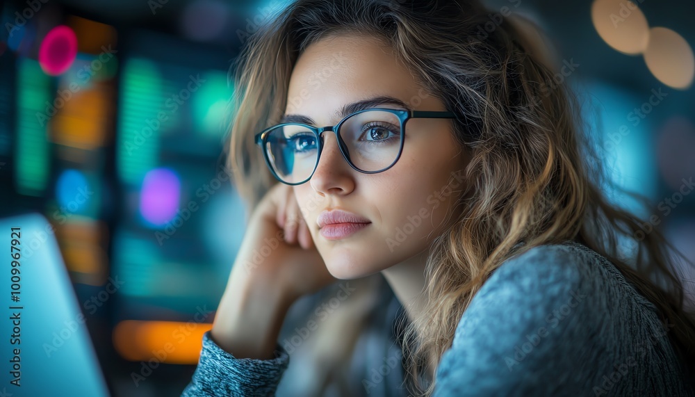 Aufkleber beautiful female it specialist working on a laptop, looking around the office, deep in thought, solv