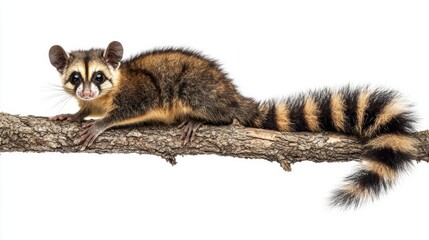 curious striped possum sits gracefully on a thick branch, its vibrant, patterned fur contrasting beautifully with the clean white background, capturing its playful nature and charm.