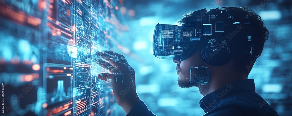 Poster 3d vr interface businessman exploring digital content, streaming media, social networking, ecommerce