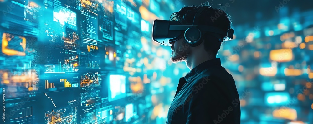 Aufkleber 3d vr interface businessman exploring digital content, streaming media, social networking, ecommerce