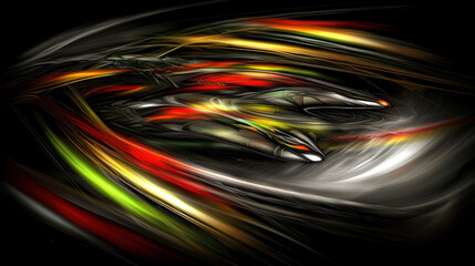  A multicolored abstract design on a black background with shades of white, yellow, red, and green