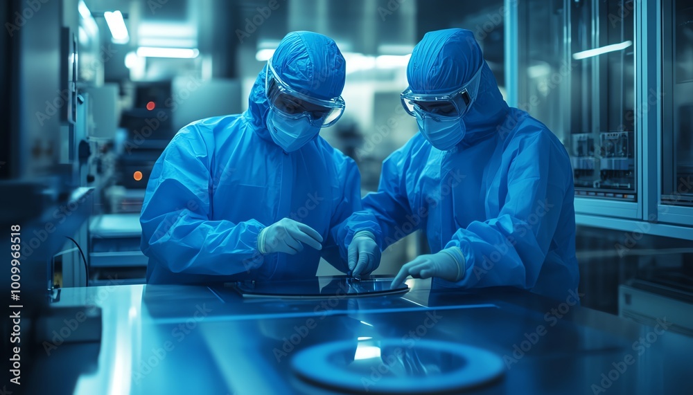 Poster advanced semiconductor production two sterilesuited technicians removing silicon wafer, hightech ele