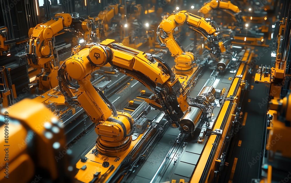 Poster Aerial View of Autonomous Factory Robotic Arms Assembling Electric Vehicle Frames, AI Precision Manufacturing, Cinematic Camera Angle