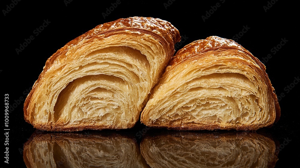 Sticker   A pair of croissants atop a dark reflective surface