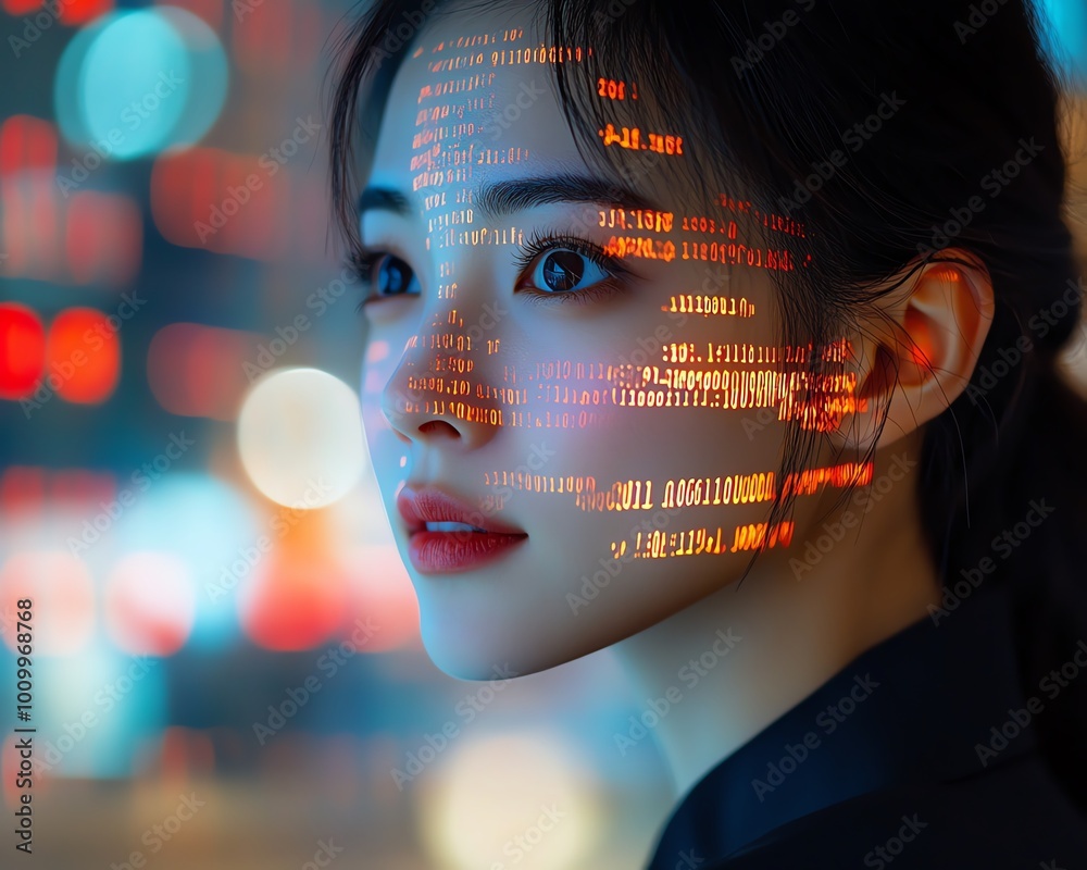 Poster asian female digital entrepreneur working on computer code reflected on face, developing ecommerce a