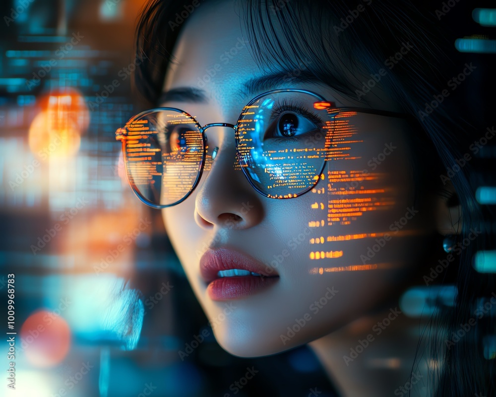 Poster asian female digital entrepreneur working on computer code reflected on face, developing ecommerce a