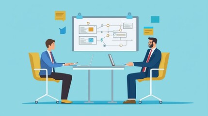 Fototapeta premium Business Consulting Business consultant explaining, flowchart with client, flat design illustration